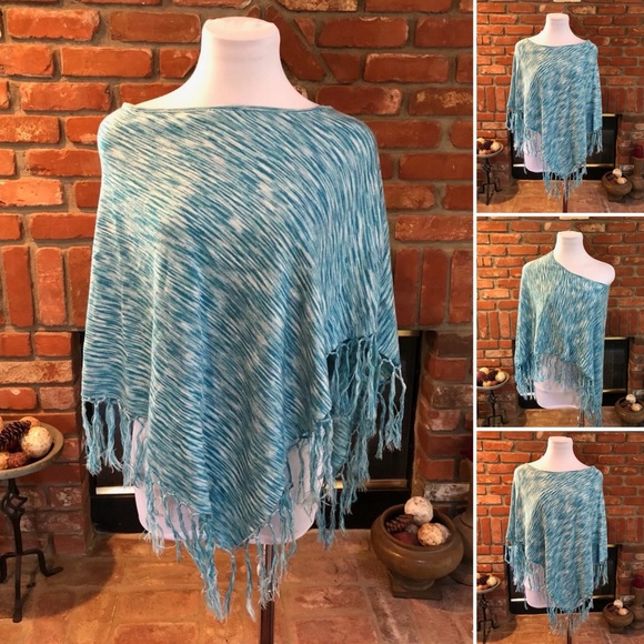 Southwestern Blue White Fringe PONCHO Cape Shawl - Picture 3 of 6
